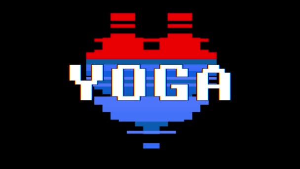 Pixel heart YOGA word text glitch interference screen seamless loop animation background new dynamic retro vintage joyful colorful vídeo footage — Vídeo de Stock