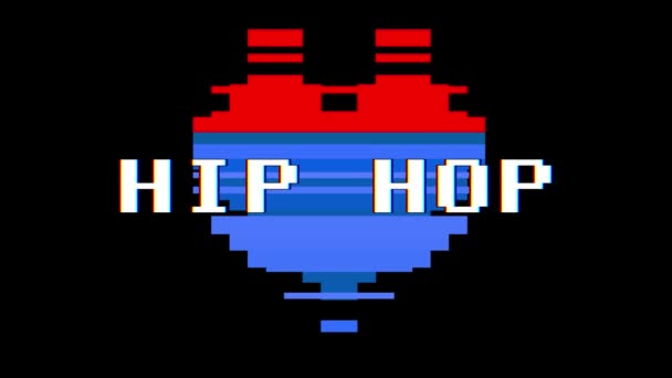 Corazón de pixel Hip Hop palabra interferencia interferencia pantalla transparente lazo animación de texto fondo nueva dinámica retro vintage alegre colorido videos — Vídeo de stock