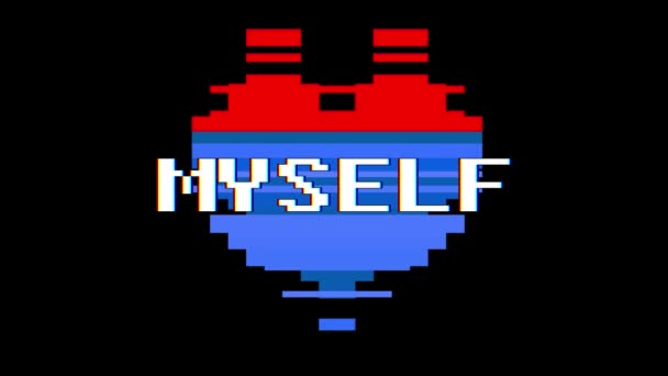 Pixel corazón MISMO texto de la palabra glitch interferencia pantalla sin costuras bucle animación fondo nuevo dinámico retro vintage alegre colorido vídeo — Vídeo de stock