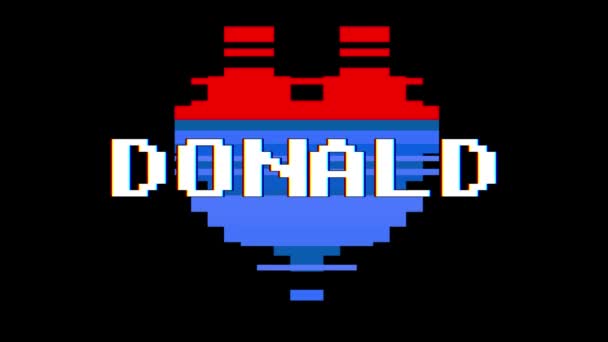 Pixel serca Donald słowo tekst glitch zakłócenia ekranu Płynna pętla animacji w tle nowy dynamiczny retro radosny kolorowe filmy retro — Wideo stockowe