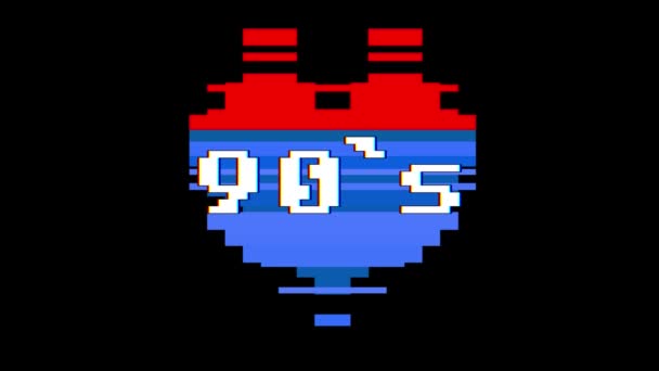 Pixel srdce 90s slovo textu závada rušení obrazovky bezešvé smyčka animace pozadí nové dynamické retro vintage radostné barevný videozáznam — Stock video