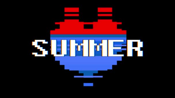 Pixel coração SUMMER palavra texto falha interferência tela sem costura loop animação fundo novo dinâmico retro vintage alegre colorido vídeo footage — Vídeo de Stock