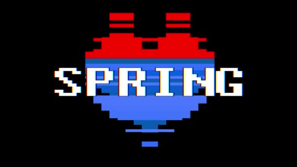 Corazón de pixel animación bucle sin interrupción de la pantalla de primavera palabra texto glitch interferencia de fondo nueva dinámica retro vintage alegre colorido videos — Vídeo de stock