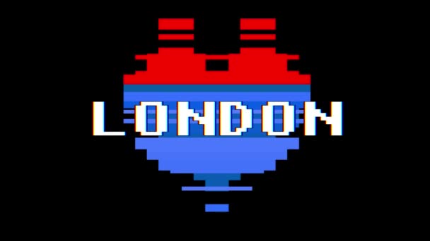 Pixel corazón LONDRES texto de la palabra glitch interferencia pantalla lazo sin costuras animación fondo nuevo dinámico retro vintage alegre colorido vídeo — Vídeo de stock