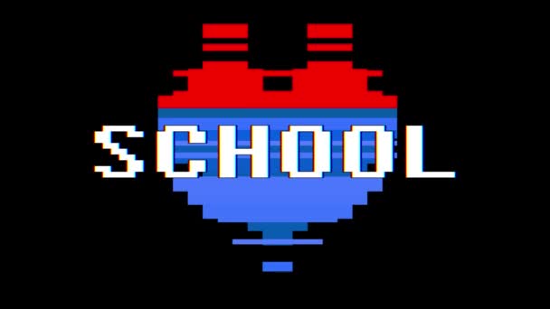 Pixel Herz Schule Wort Text Störung Bildschirm nahtlose Schleifenanimation Hintergrund neue dynamische retro vintage freudig bunte Videomaterial — Stockvideo