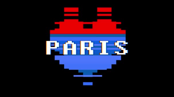 Pixel heart PARIS word text glitch interference screen seamless loop animation background new dynamic retro vintage joyful colorful video footage — Stock Video
