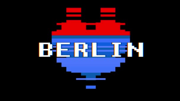 Пиксельное сердце BERLIN слово текст глюк экран помех бесшовный цикл анимации фон новый динамический ретро винтажный радостный красочный видеоматериал — стоковое видео