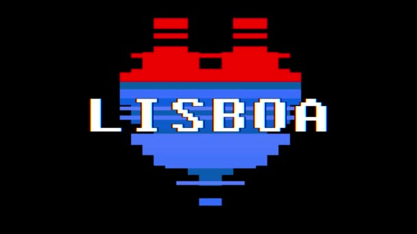 Pixel szív Lisboa szó szöveg fénylik interferencia képernyő varrat nélküli hurok élénkség háttér új dinamikus retro vintage örömteli színes videó felvétel — Stock videók