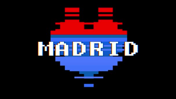 Pixel hjärtat Madrid ordet glitch störningar skärmen sömlös loop textanimering bakgrund nya dynamiska retro vintage joyful färgglada videofilmer — Stockvideo