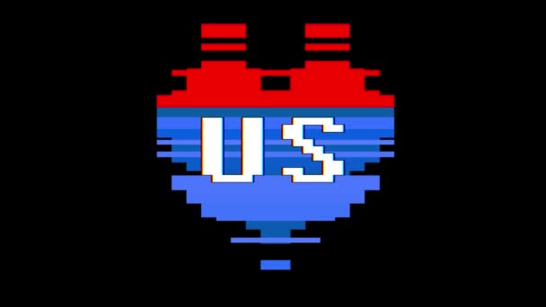 Pixel heart US word text glitch interference screen seamless loop animation background new dynamic retro vintage joyful colorful vídeo footage — Vídeo de Stock