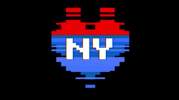 Pixel cuore NY parola testo glitch interferenza schermo senza soluzione di continuità loop animazione sfondo nuovo dinamico retrò vintage gioioso video colorato — Video Stock