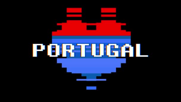 Pixel serce Portugalii słowo tekst glitch zakłócenia ekranu Płynna pętla animacji w tle nowy dynamiczny retro radosny kolorowe filmy retro — Wideo stockowe