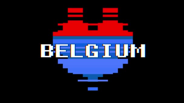 Pixel hart België woord glitch interferentie scherm naadloze loops tekstanimatie achtergrond nieuwe dynamische retro vintage vrolijke kleurrijke videobeelden — Stockvideo