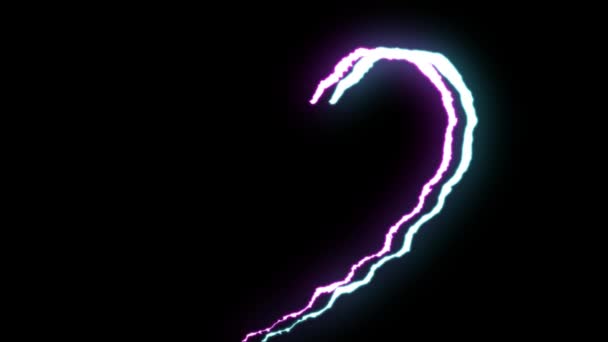 Loopable 蓝紫色霓虹灯闪电螺栓心形飞行黑色背景动画新质量独特的自然光线效果视频画面 — 图库视频影像