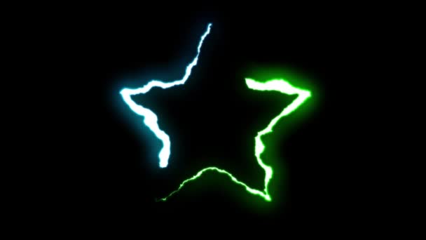 Loopable blågrön neon Lightning bolt Star symbol form flyg på svart bakgrund animation nya kvalitet unika natur ljus effekt videofilmer — Stockvideo