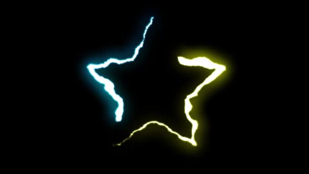 Loopable AZUL AMARILLO neón Rayo tornillo STAR símbolo forma vuelo sobre fondo negro animación nueva calidad naturaleza única efecto de luz vídeo — Vídeo de stock