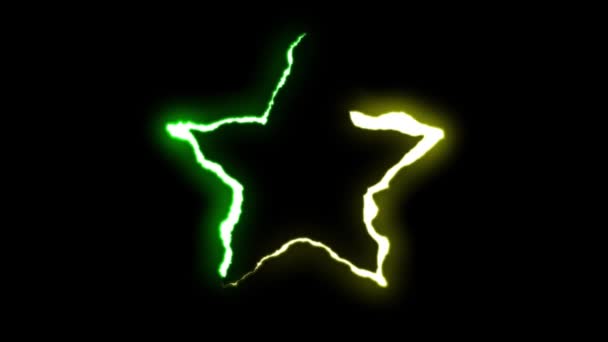 GREEN YELLOW neon Lightning bolt STAR bentuk simbol penerbangan pada animasi latar belakang hitam kualitas baru unik efek cahaya rekaman video — Stok Video