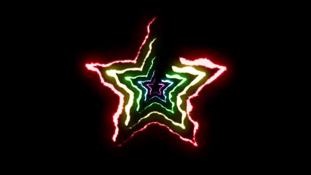 Lösbare Regenbogen Neon Blitz Stern Symbol Form Flug auf schwarzem Hintergrund Animation neue Qualität einzigartige Natur Licht Effekt Videoaufnahmen — Stockvideo