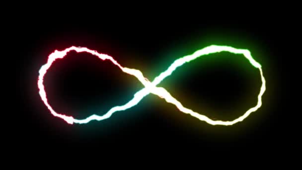Loopable RAINBOW neon Relâmpago parafuso infinito símbolo forma voo em animação de fundo preto nova qualidade única natureza efeito de luz vídeo metragem — Vídeo de Stock