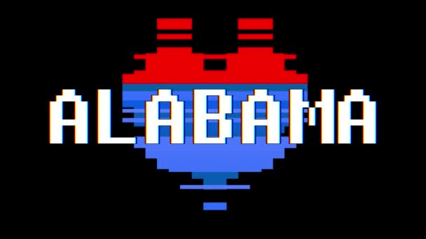 Pixel heart ALABAMA word text glitch interference screen seamless loop animation background new dynamic retro vintage joyful colorful video footage — Stock Video