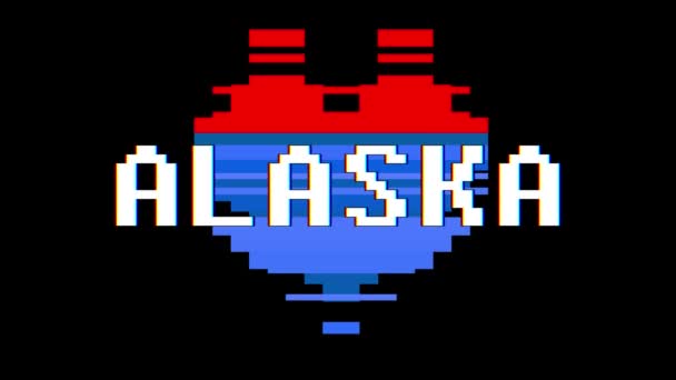Pixel καρδιά Αλάσκα λέξη κείμενο glitch παρεμβολές αδιάλειπτη βρόχο κινούμενα σχέδια στην οθόνη φόντου νέα δυναμική ρετρό vintage χαρούμενο πολύχρωμο βιντεοσκοπημένα στιγμιότυπα — Αρχείο Βίντεο
