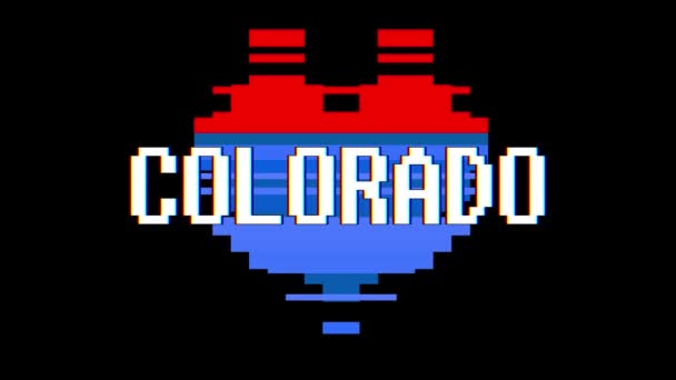 Pixel heart COLORADO word text glitch interference screen seamless loop animation background new dynamic retro vintage joyful colorful vídeo footage — Vídeo de Stock