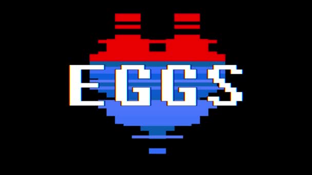 Pixel heart EGGS word text glitch interference screen seamless loop animation background new dynamic retro vintage joyful colorful video footage — Stock Video