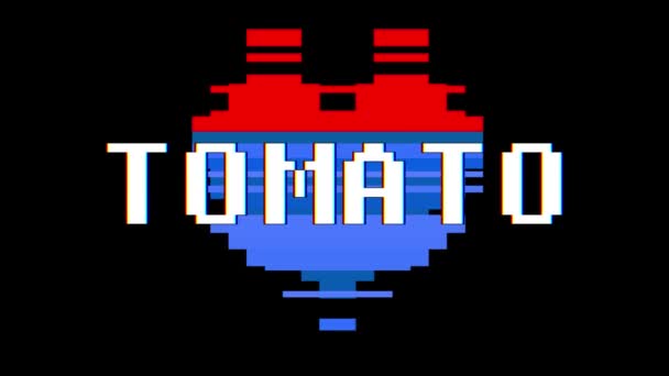 Pixel coração TOMATO palavra texto falha interferência tela sem costura loop animação fundo novo dinâmico retro vintage alegre colorido vídeo footage — Vídeo de Stock