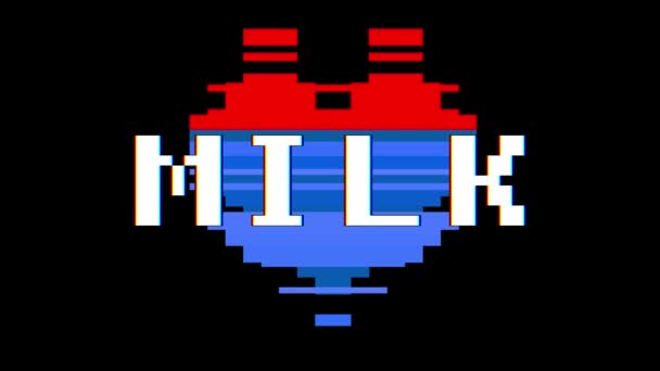 Pixel cuore MILK parola testo glitch interferenza schermo senza soluzione di continuità loop animazione sfondo nuovo dinamico retrò vintage gioioso video colorato — Video Stock