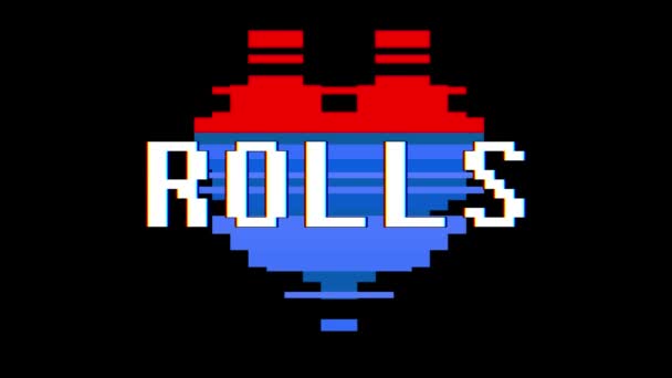 Pixel heart ROLLS parola testo glitch interferenza schermo senza soluzione di continuità loop animazione sfondo nuovo dinamico retrò vintage gioioso video colorato — Video Stock