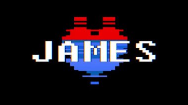 piksel kalp James kelime metin aksaklık girişim ekran sorunsuz döngü animasyon arka plan yeni dinamik retro vintage neşeli renkli video görüntüleri