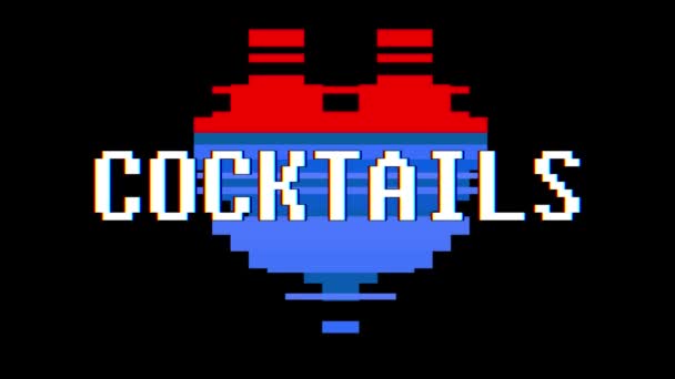 Pixel coração COCKTAILS palavra texto falha interferência tela sem costura loop animação fundo novo dinâmico retro vintage alegre colorido vídeo footage — Vídeo de Stock