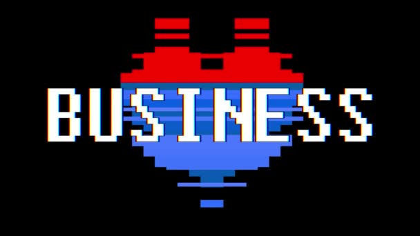 Pixel hjärtat Business ordet glitch störningar skärmen sömlös loop textanimering bakgrund nya dynamiska retro vintage joyful färgglada videofilmer — Stockvideo