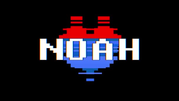 Pixel heart NOAH word text glitch interference screen seamless loop animation background new dynamic retro vintage joyful colorful vídeo footage — Vídeo de Stock