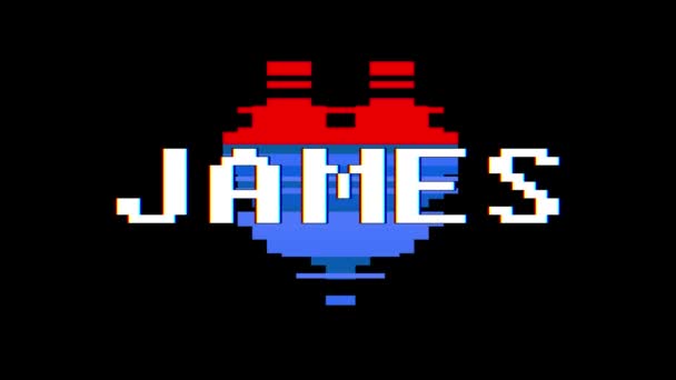 Pixel καρδιά James λέξη κείμενο glitch παρεμβολές αδιάλειπτη βρόχο κινούμενα σχέδια στην οθόνη φόντου νέα δυναμική ρετρό vintage χαρούμενο πολύχρωμο βιντεοσκοπημένα στιγμιότυπα — Αρχείο Βίντεο