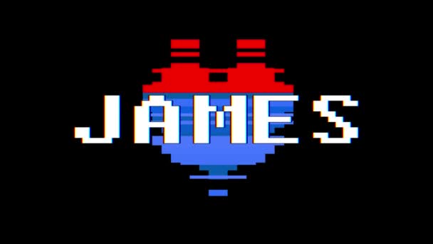 Pixel coeur JAMES mot texte glitch interférence écran boucle sans couture animation arrière-plan nouvelle dynamique rétro vintage joyeux coloré vidéo — Video