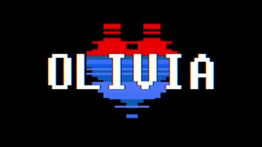 piksel kalp Olivia kelime metin aksaklık girişim ekran sorunsuz döngü animasyon arka plan yeni dinamik retro vintage neşeli renkli video görüntüleri