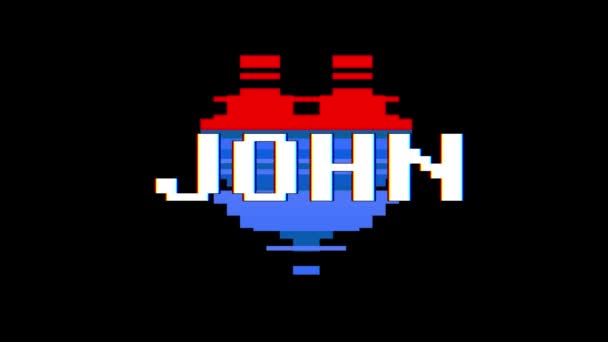 Pixel καρδιά John λέξη κείμενο glitch παρεμβολές αδιάλειπτη βρόχο κινούμενα σχέδια στην οθόνη φόντου νέα δυναμική ρετρό vintage χαρούμενο πολύχρωμο βιντεοσκοπημένα στιγμιότυπα — Αρχείο Βίντεο
