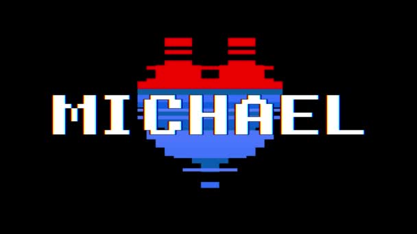 Corazón de pixel animación loop sin fisuras de la pantalla de Michael palabra texto glitch interferencia de fondo nueva dinámica retro vintage alegre colorido videos — Vídeo de stock