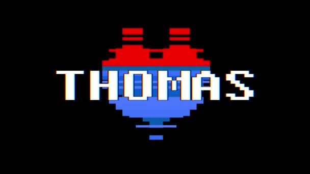 Pixel Herz Thomas Wort Text Störung Bildschirm nahtlose Schleifenanimation Hintergrund neue dynamische retro vintage freudig bunte Videomaterial — Stockvideo