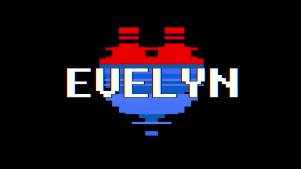 Pixel heart EVELYN word text glitch interference screen seamless loop animation background new dynamic retro vintage joyful colorful vídeo footage — Vídeo de Stock