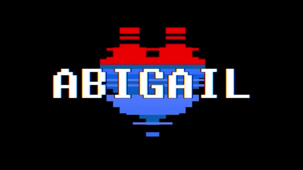 Pixel heart ABIGAIL word text glitch interference screen seamless loop animation background new dynamic retro vintage joyful colorful vídeo footage — Vídeo de Stock