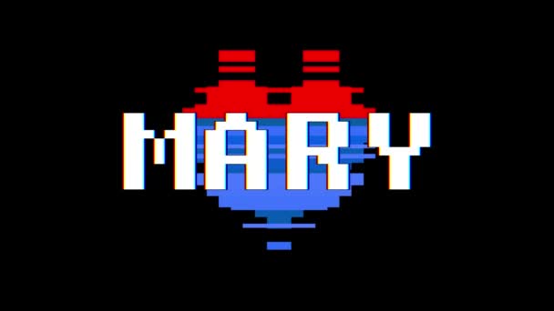 Pixel Herz Mary Wort Text Störung Bildschirm nahtlose Schleifenanimation Hintergrund neue dynamische retro vintage freudig bunte Videomaterial — Stockvideo