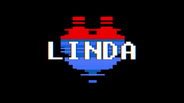 Pixel καρδιά Linda λέξη κείμενο glitch παρεμβολές αδιάλειπτη βρόχο κινούμενα σχέδια στην οθόνη φόντου νέα δυναμική ρετρό vintage χαρούμενο πολύχρωμο βιντεοσκοπημένα στιγμιότυπα — Αρχείο Βίντεο