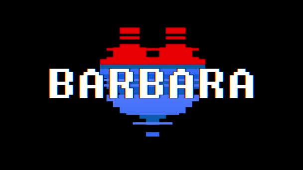 Corazón de pixel animación loop sin fisuras de la pantalla de Barbara palabra texto glitch interferencia de fondo nueva dinámica retro vintage alegre colorido videos — Vídeos de Stock