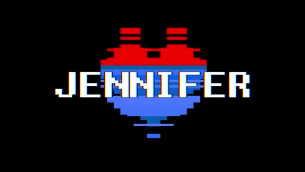 Corazón de pixel animación bucle sin interrupción de la pantalla de Jennifer palabra texto interferencia interferencia de fondo nueva dinámica retro vintage alegre colorido videos — Vídeos de Stock