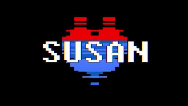Pixel καρδιά Susan λέξη κείμενο glitch παρεμβολές αδιάλειπτη βρόχο κινούμενα σχέδια στην οθόνη φόντου νέα δυναμική ρετρό vintage χαρούμενο πολύχρωμο βιντεοσκοπημένα στιγμιότυπα — Αρχείο Βίντεο