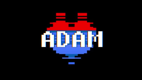 Pixel heart ADAM word text glitch interference screen seamless loop animation background new dynamic retro vintage joyful colorful video footage — Stock Video