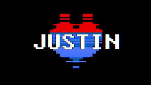 Pixel heart JUSTIN word text glitch interference screen seamless loop animation background new dynamic retro vintage joyful colorful vídeo footage — Vídeo de Stock