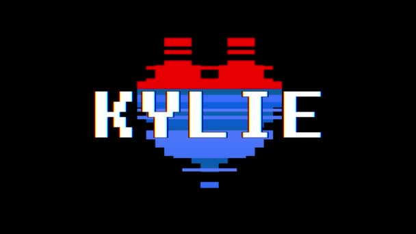 Pixel heart KYLIE word text glitch interference screen seamless loop animation background new dynamic retro vintage joyful colorful video footage — Stock Video